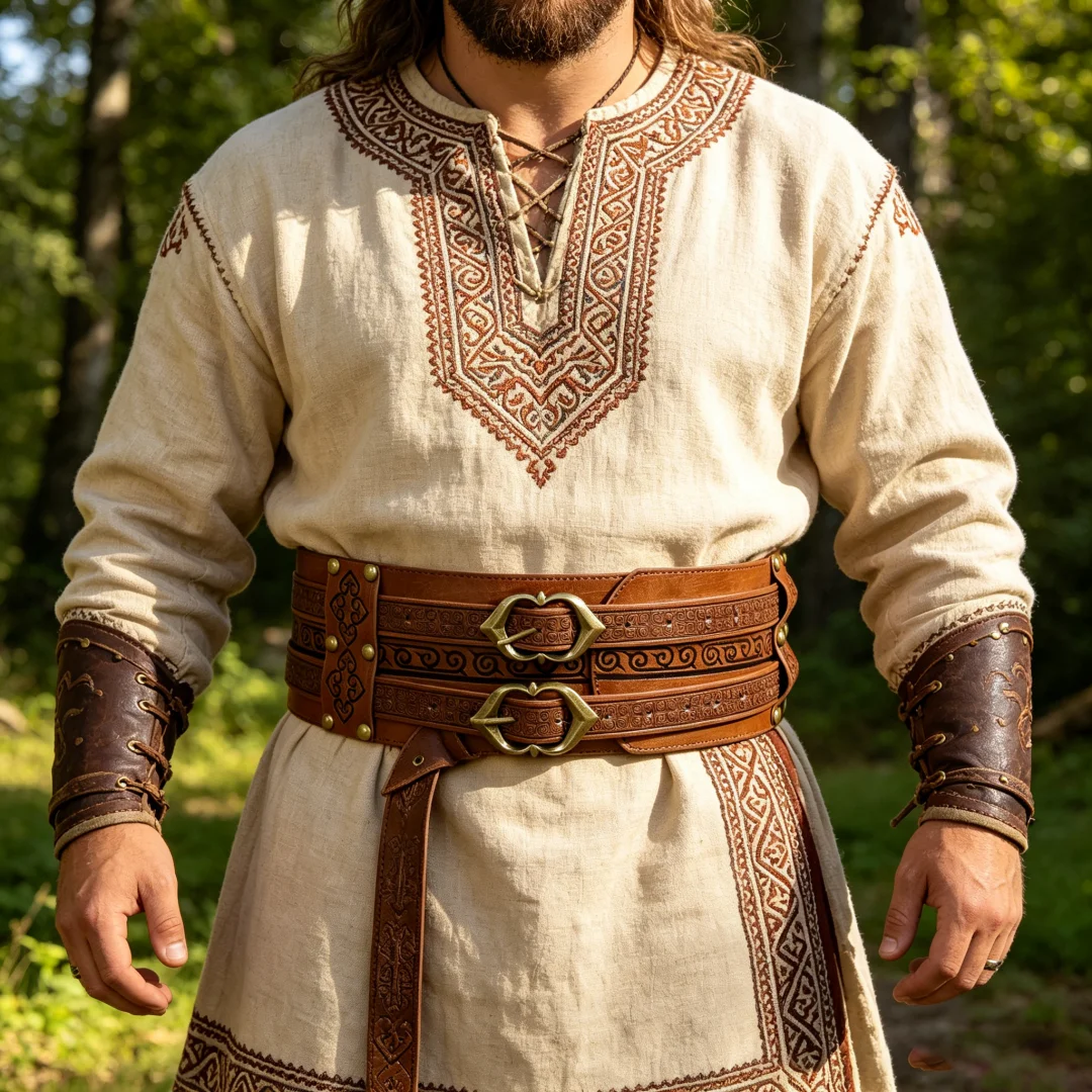 Viking Embossed Wide Waist Sash, Medieval Double Buckle Leather Waistband for LARP Cosplay
