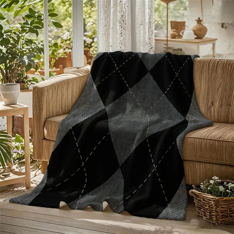 Grey Black Stitch Argyle Flannel Blanket Warm Soft Halloween Christmas Decorative Couch Warm Cozy All-Season Gift