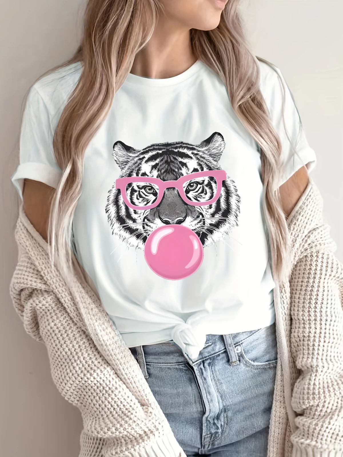 

Женская повседневная рубашка с круглым вырезом и принтом «Тигр», идеально подходящая для весны и лета