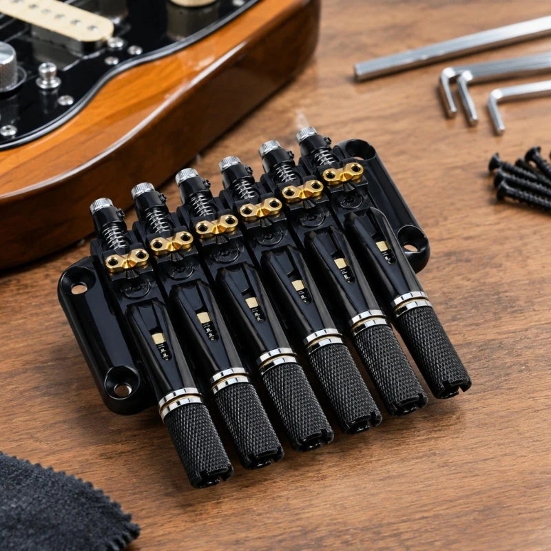 Six-String Headless Guitar Bridge Assembly with Fan-Shaped Six-Position Layout for Lower-Bridge Replacement, Repair, and K1YF