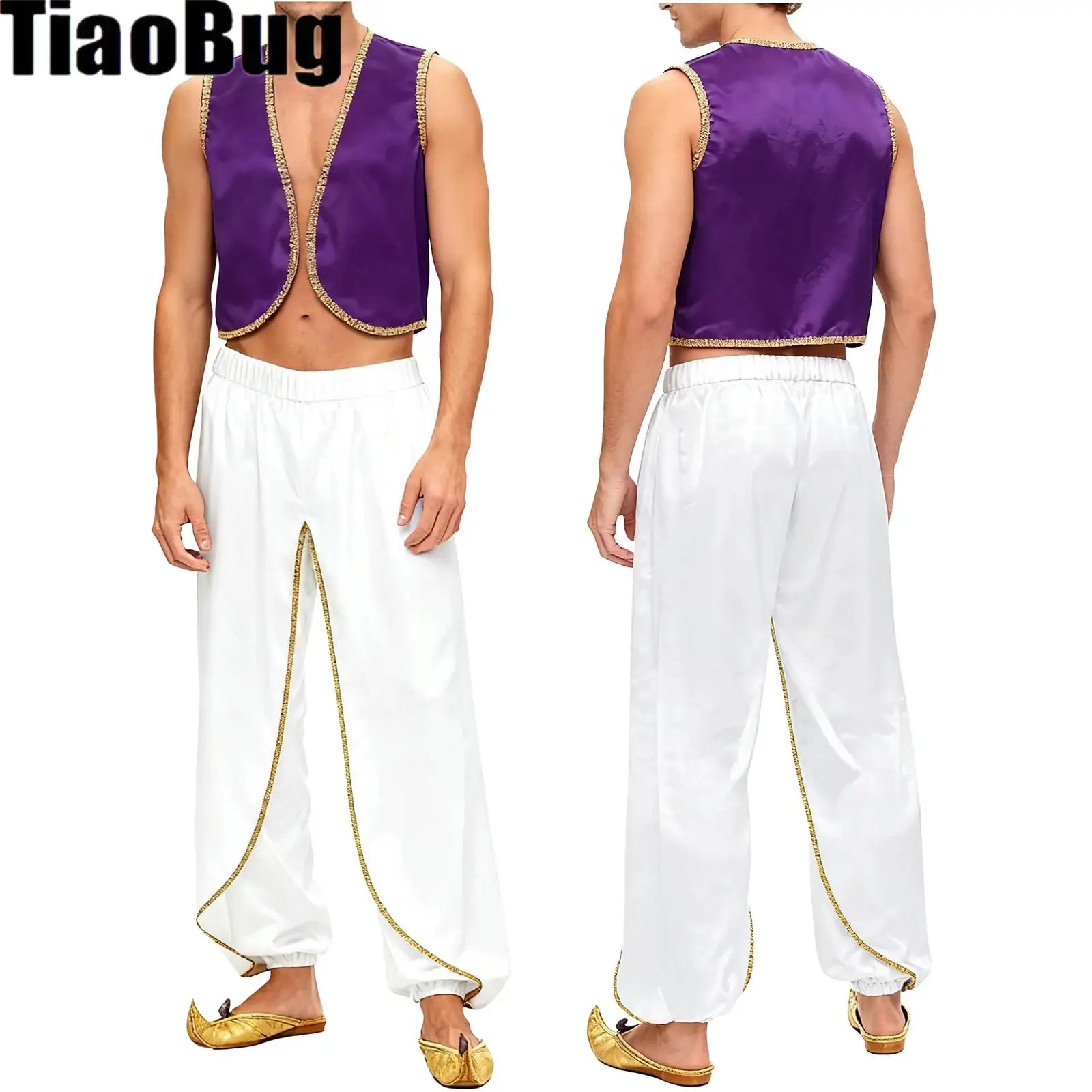 

Men Arabian Prince Cosplay Outfits Gold Trim Open Front Vest And Baggy Pants India Dhoti Palazzo Trousers for Halloween Party