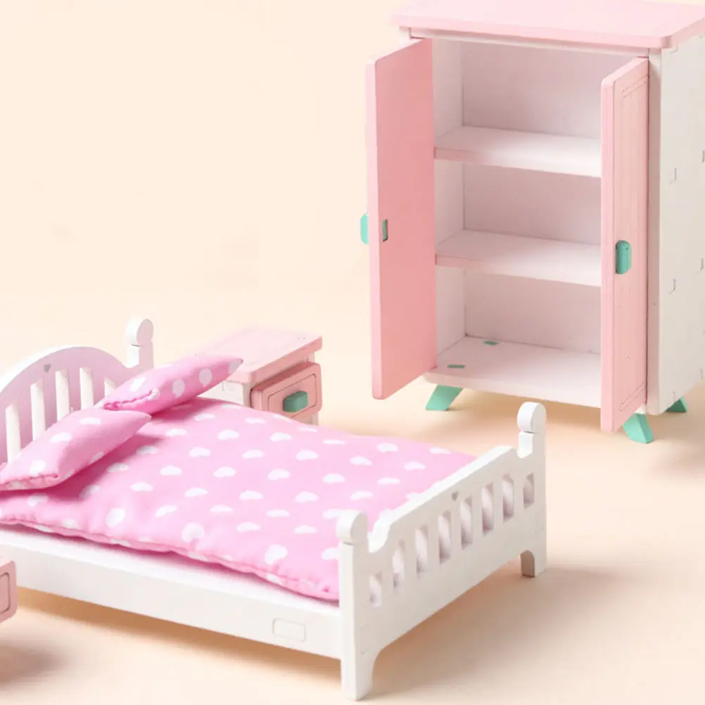 

1Set Wooden Mini House Bedroom Furniture Creative Lightweight Mini House Scene Layout Accessories Miniature Bedside Table