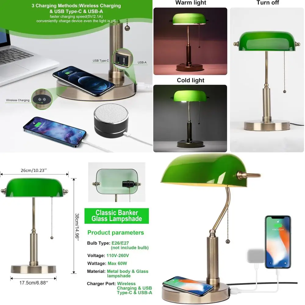 

Classic LED Desk Lamp with USB Charging Port, Retro Pull Chain Switch, Ideal for Reading and Office Use (Green)