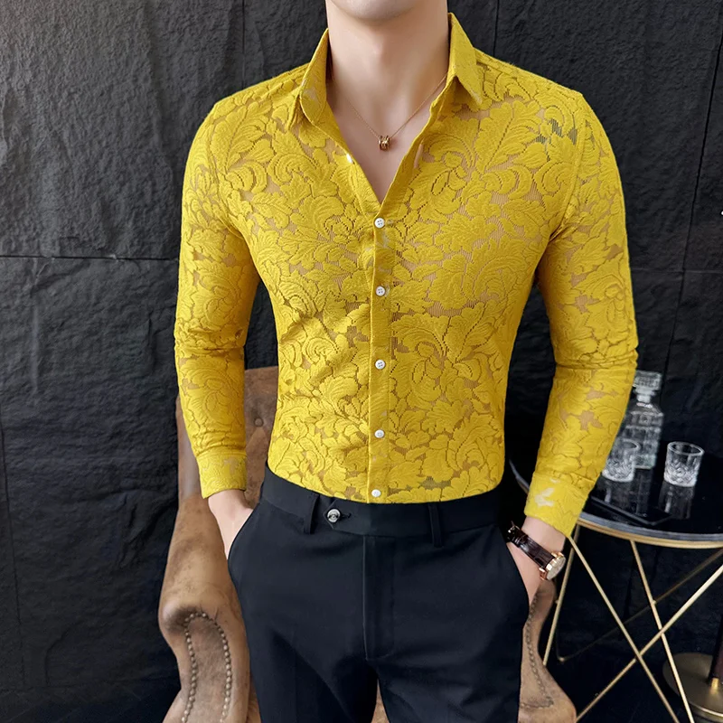 2024 Spring Flower Hollow Out Shirt for Men Long Sleeve Solid Color Slim Casual Shirts Social Party Tuxedo Blouse Men Clothing