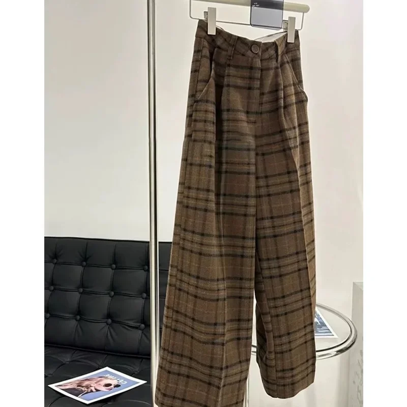 ارتفاع الخصر سميكة الصوفية منقوشة واسعة الساق السراويل النسائية أزياء التخسيس السراويل مستقيم قطع السراويل الطويلة من التخليص