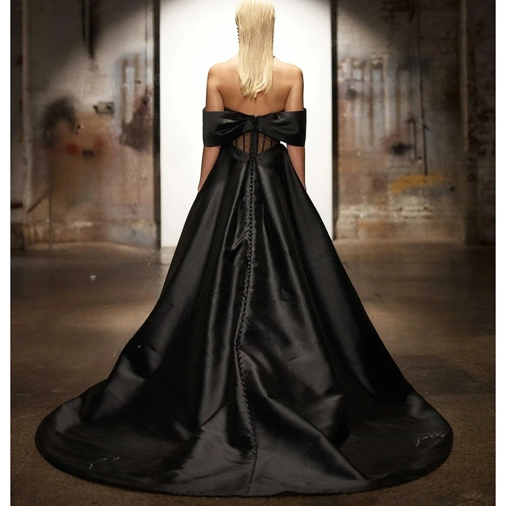 Customized Off Shoulder Sweetheart Short Fold Sleeve Satin Ball Gown Floor Length Chapel Train Bow Corset High Slit Bridal Gown