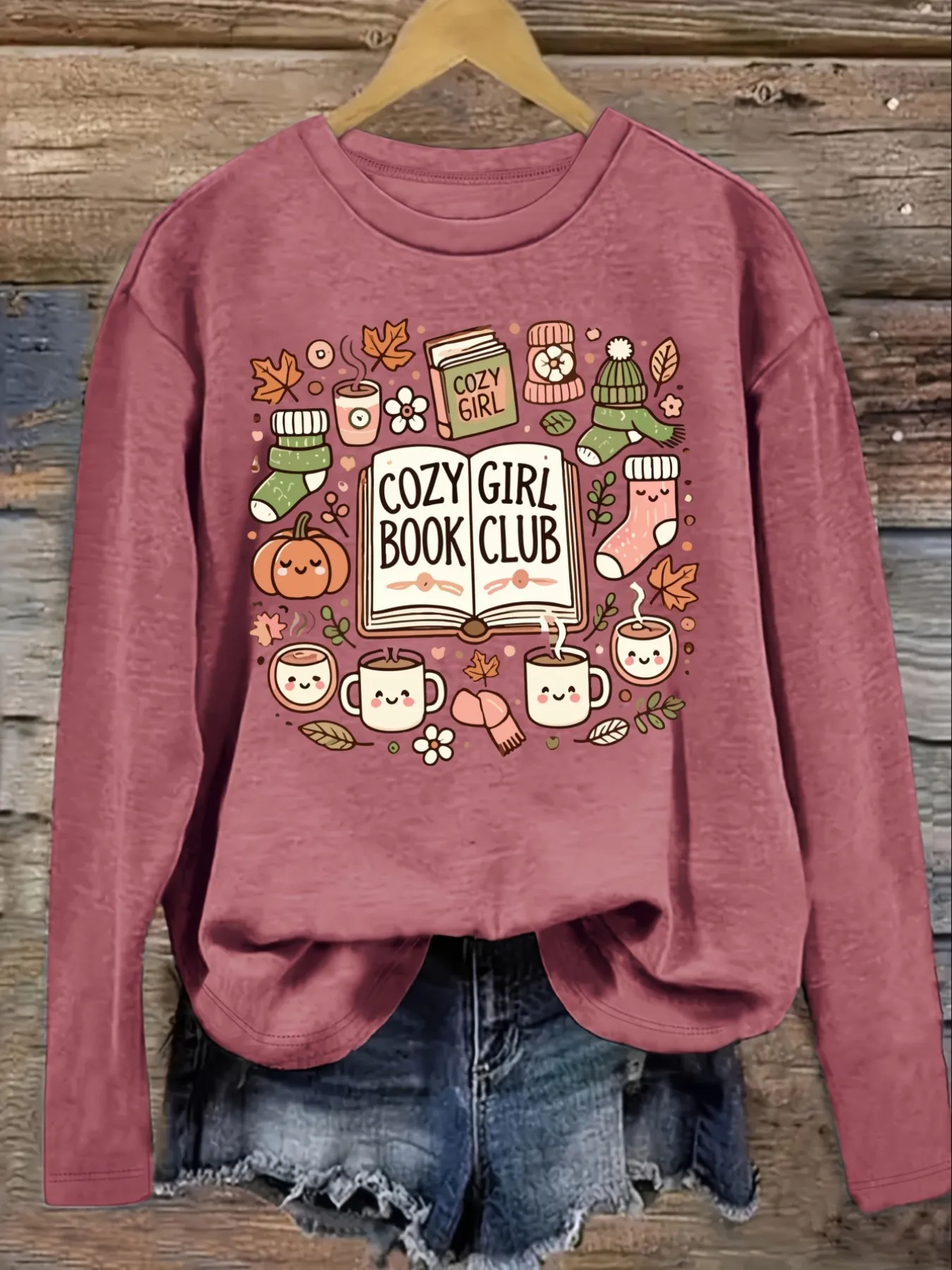 Women's Casual Long Sleeve Crew Neck T-Shirt Cozy Girl Book Club Autumn Design, Round Neck Women's Clothing, Machine Washable, Slightly Elastic, Loose Fit, Spring Autumn Winter Women's T-Shirt, Halloween Costume Outfit view 3