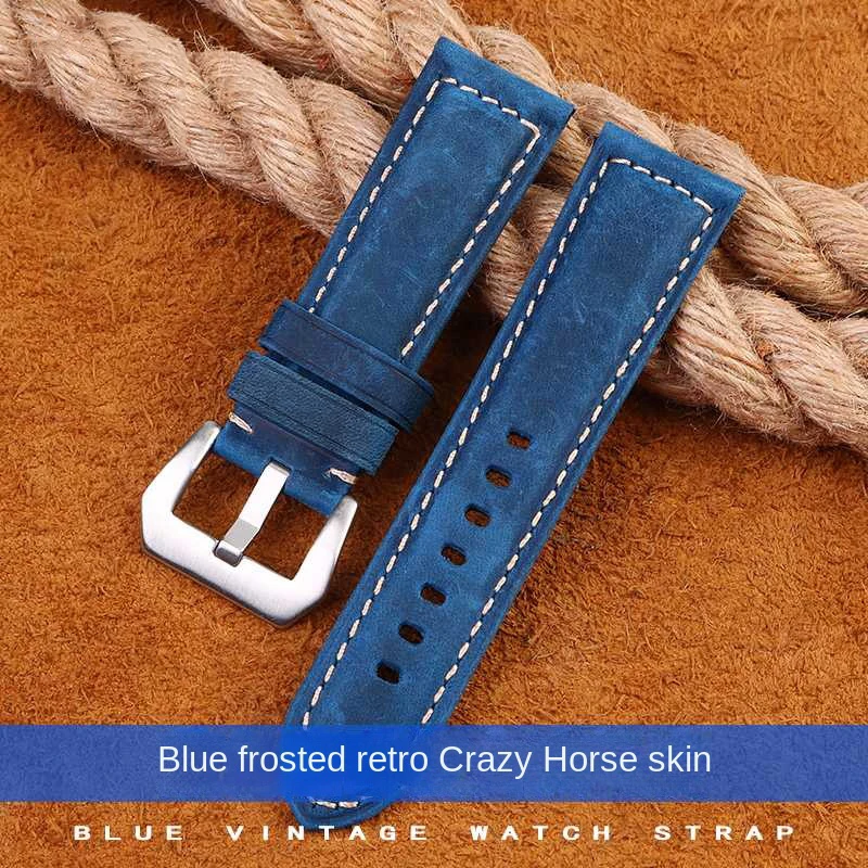 Blue Matte Retro Crazy Horse Leather Strap for Per-nahai PAM01074 Seiko IWC Men Bracelet Watchband 20mm 22mm 24mm 26mm