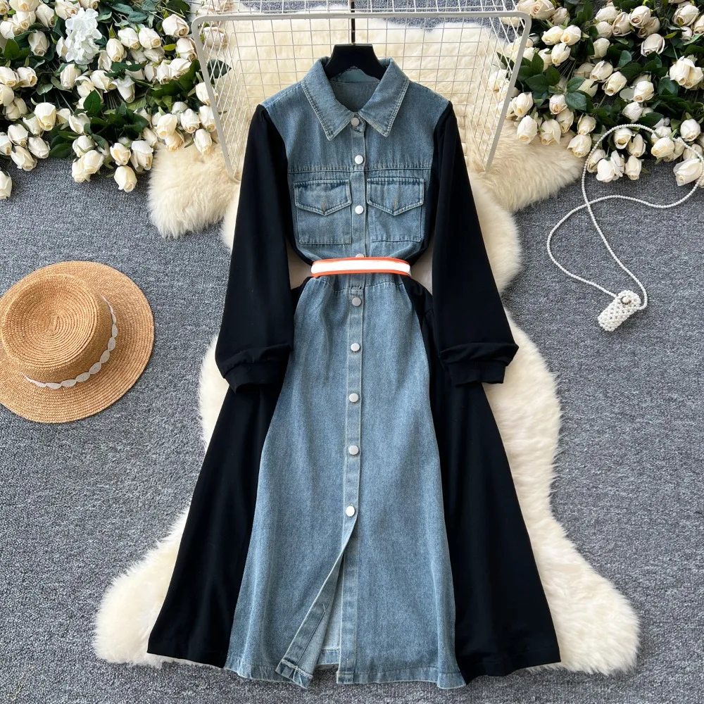 Neploe Elegant Turn-down Collar Long Sleeve New Shirt Dress French Style Patchwork Denim Panelled Robe High Waist Belt Vestidos