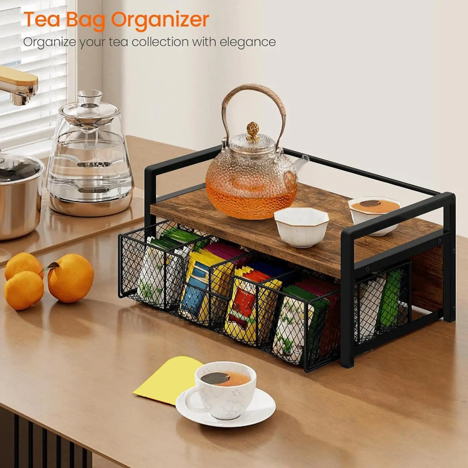 

Многофункциональный органайзер для экономии пространства на кухонной столешнице с выдвижным ящиком и металлической корзиной для хранения кофе, специй и чайных пакетиков