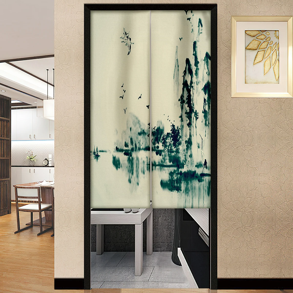 Ink Birds Lake Cranes Bird Painting Print Door Curtain Water Artwork Kitchen Partition Restaurant Entrance Hanging Half-Curtain