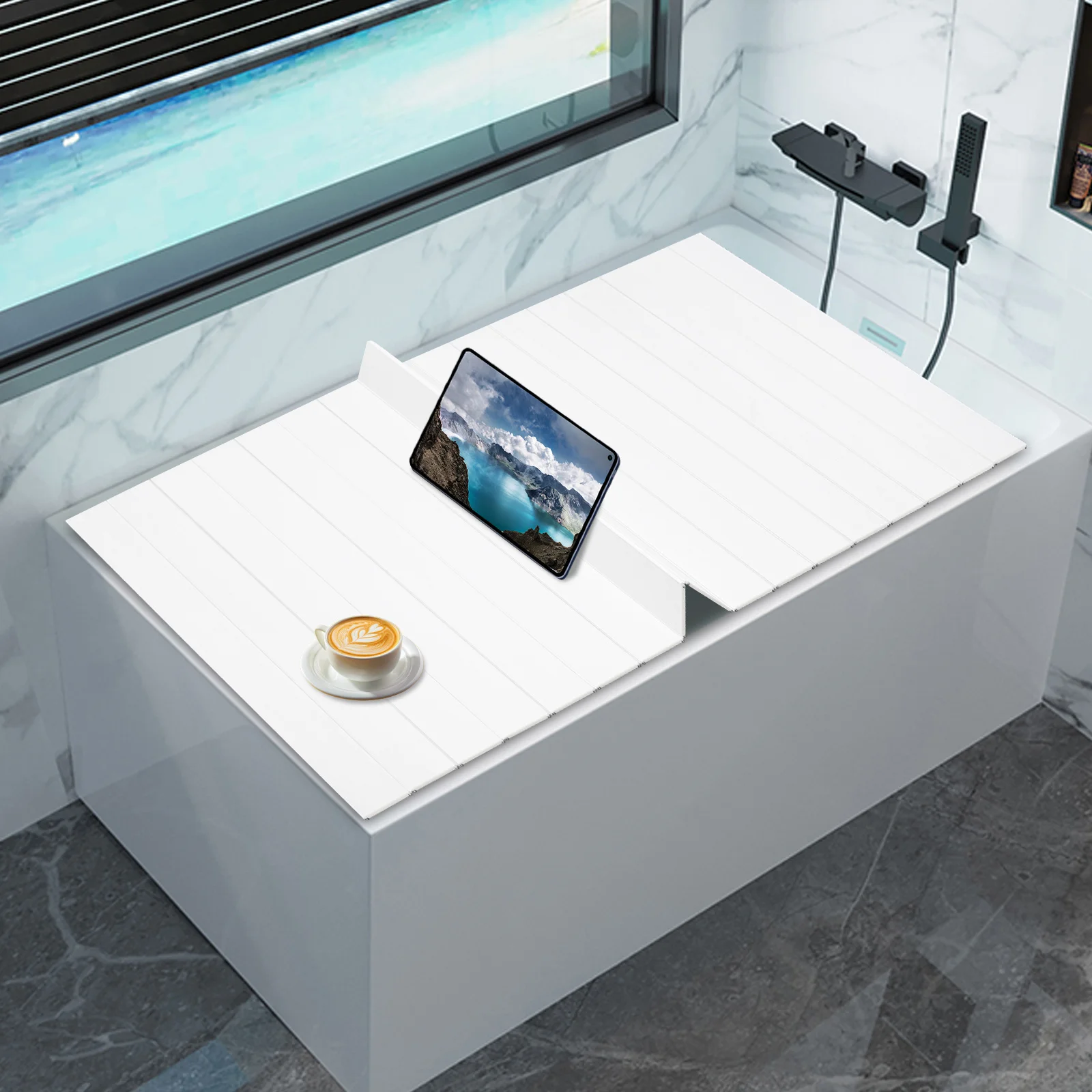 

Складная крышка для ванны премиум-класса с защитой от жары и пыли, современная крышка для спа из ПВХ с белым деревянным зерном для прямоугольных ванн