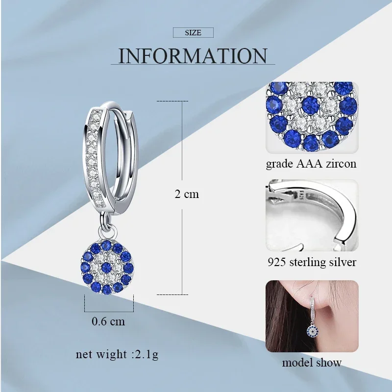 KALETINE 925 Sterling Silver Hoop Earrings Evil Eye Earring Blue Zircon Fashion Earrings Turkish Jewelry Gifts for Women