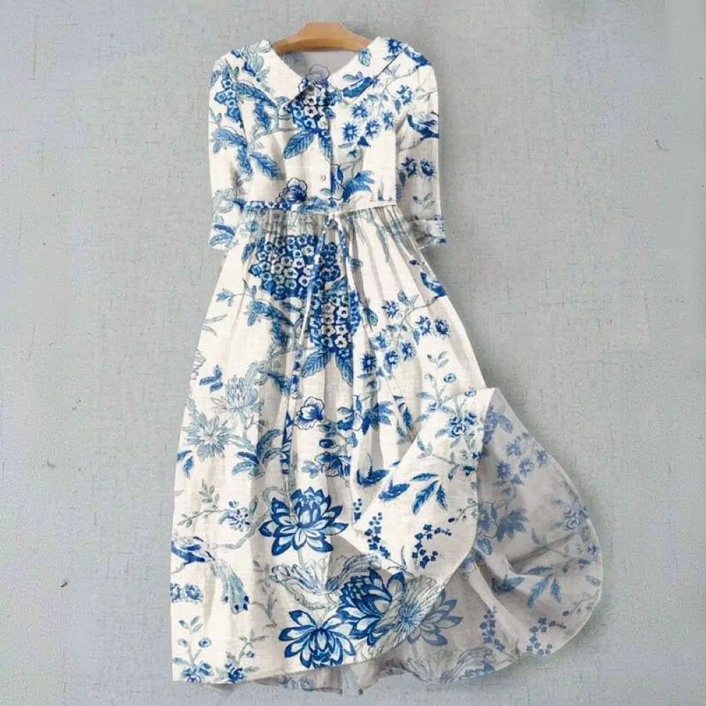 Bohemian Floral Print Shirt Dress Women Summer Casual Maxi Gowns Short Sleeve Loose Fit Beach Holiday Dresses