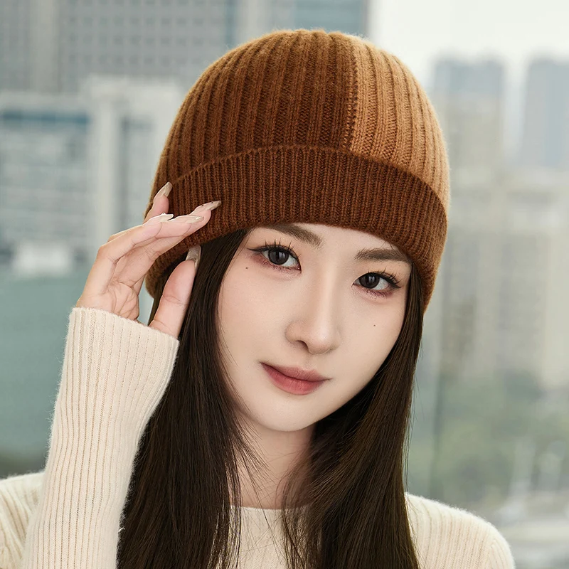 المرأة 100% الكشمير ثلاثة حبلا سميكة اللون منعت مخطط محبوك قبعة شتاء دافئ في الهواء الطلق يندبروف البلوز قبعات الرجال