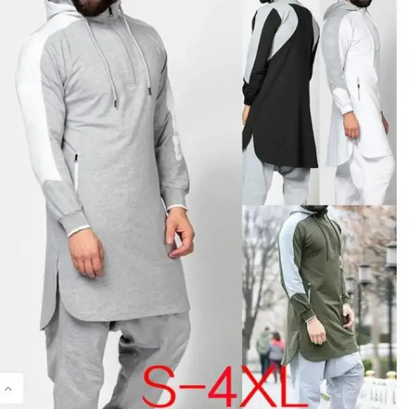 Hooded Men Muslim Patchwork Islamic Clothing Long Sleeve Dubai Kaftan Male Saudi Arabia Shirt Plus Size 3XL 4XL