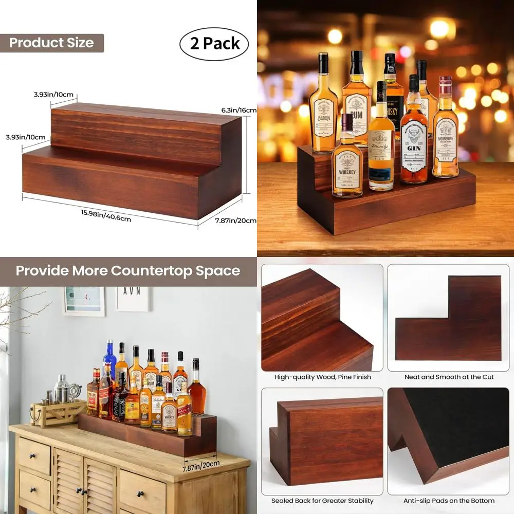 

16 Inch 2-Tier Wooden Bar Shelf for Liquor Bottles, Ideal for Home or Commercial Use
