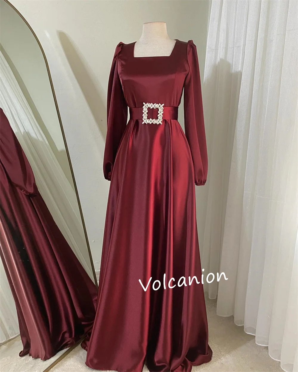 Customized Charmeuse Sash Rhinestone Square Neck A-line Long Dresses Bespoke Occasion Exquisite Simple High Quality