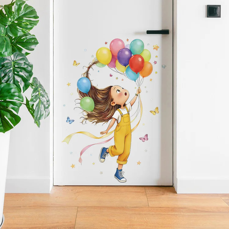 Cartoon Kleines Mädchen Ballon Schmetterling Wandaufkleber Kinderzimmer Hintergrund Deko Wandbild Schlafzimmer Tür Dekoration Selbstklebende Aufkleber – Detail 2