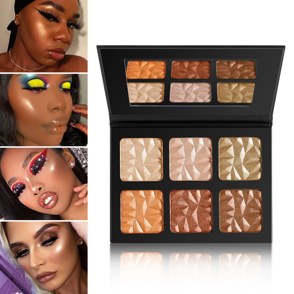 Custom 6-color Highlighter Palette with Mirror Custom Logo Brighten Shimmer Waterproof Long Lasting Private Label Makeup Vegan
