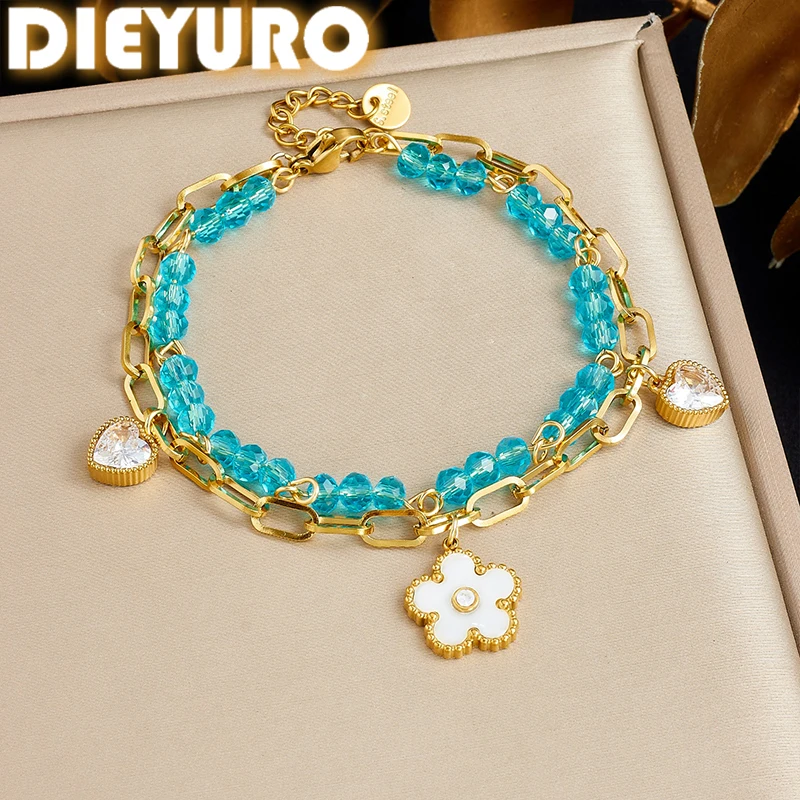 DIEYURO 316L Stainless Steel White Enamel Flower Heart Zircon Bracelet Women Fashion Blue Crystal Bead Hand Chain Jewelry Gift