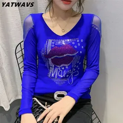 High Quality Autumn Korean Clothes T-Shirt Fashion Diamonds Women Tops Cotton Long Sleeve Sexy Back Embroidery Shirt Tees New