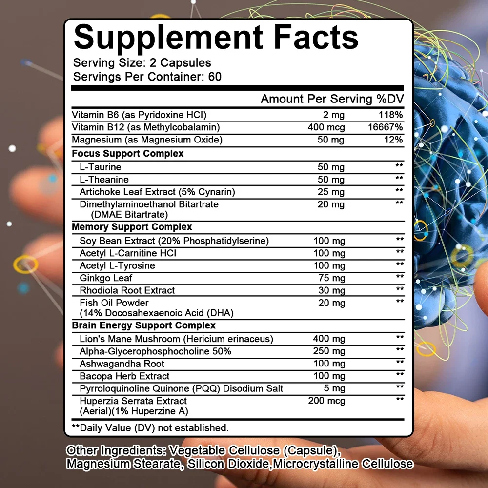 Brain Supplements - Brain Booster for Attention, Memory and Mood - Alpha-GPC, Lion's Mane Mushroom, Ginkgo Biloba and Purslane