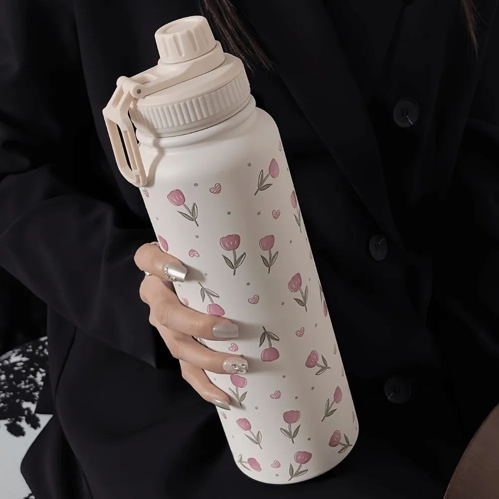 Tulip Pattern Insulated Water Bottle Vacuum Sealed Durable Tumbler Water Cup Eco-Friendly with Handle