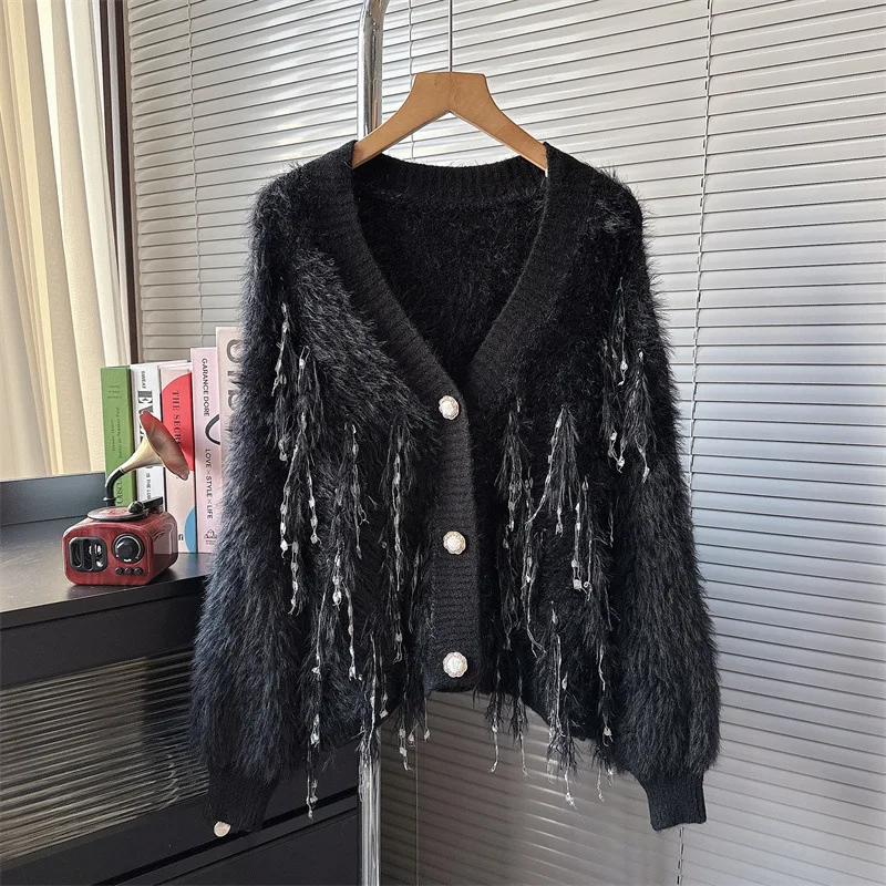 2024 New Women Autumn Sweater V-Neck Furry Knit Cardigans Coat Single Button Sweater Tops Women Fashion Sweater Pull Femme