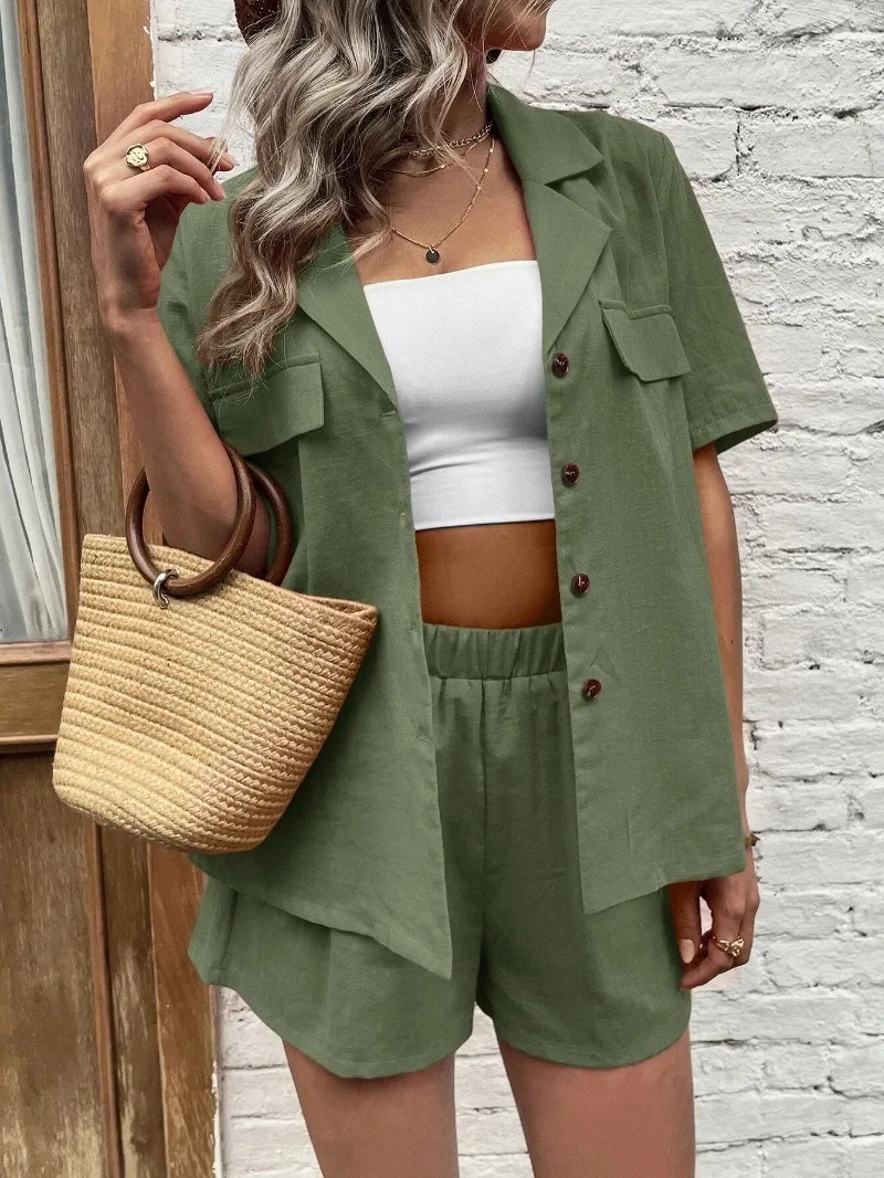 Spring and Summer New Solid Color Short-sleeved Shorts Small Suit Temperament Commuter Casual Suit for Women