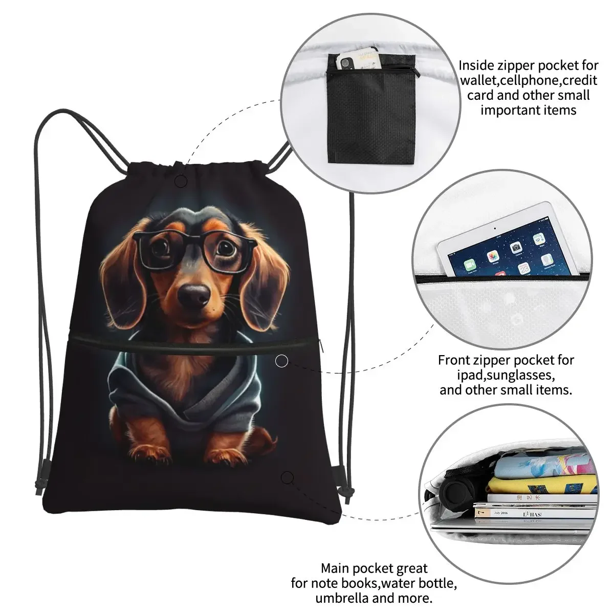 Mochila portátil para amantes de los perros, bolso con cordón, informal, con bolsillo para libros, para estudiantes escolares