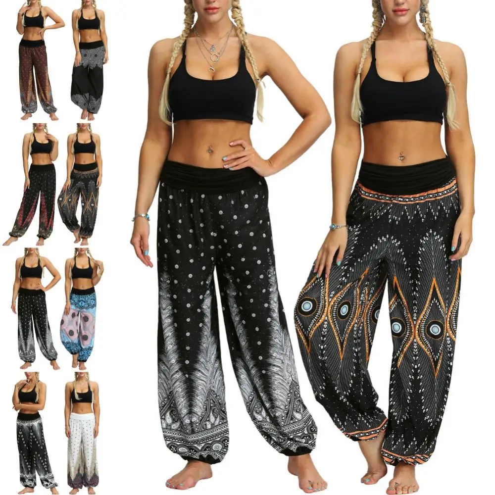 Women Trousers Loose Wide Leg Pants Pants Elastic Waist Bohemian Woman Feather/Flower Print Baggy Harem Pantalon Femme