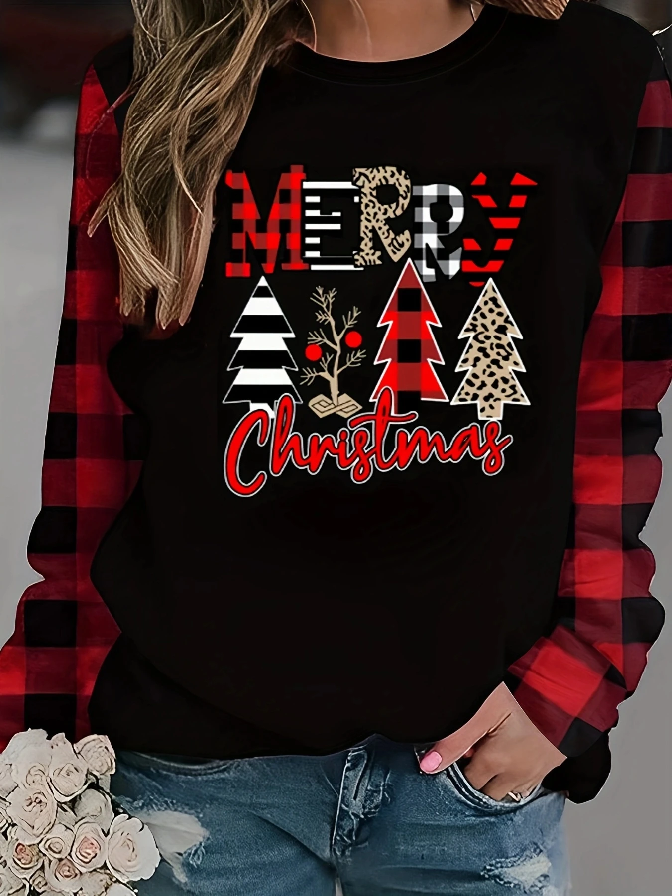 Women Letter Printed Sweaters Casual O Neck Plaid Printed Long Sleeve Top Ladies Autumn Winter Pullover Tops