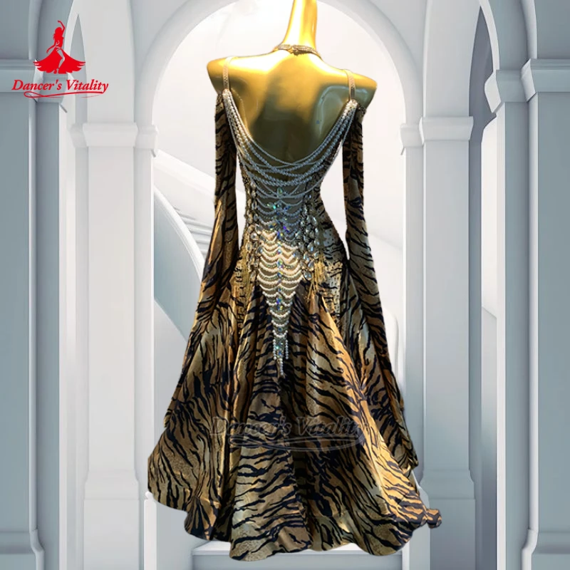 قاعة الرقص النمر المشارب الندى فساتين الكتف مع قلادة المتقدمة تخصيص الإناث الفالس فوكستروت الزي حيوية الراقصة #3