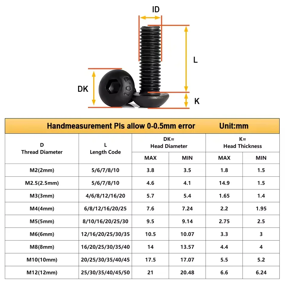 10-200pcs Hexagon Hex Socket Head Screw ISO7380 M2 M2.5 M3 M4 M5 M6 M8 Black Grade 10.9 Steel Button Head Allen Bolt Screws