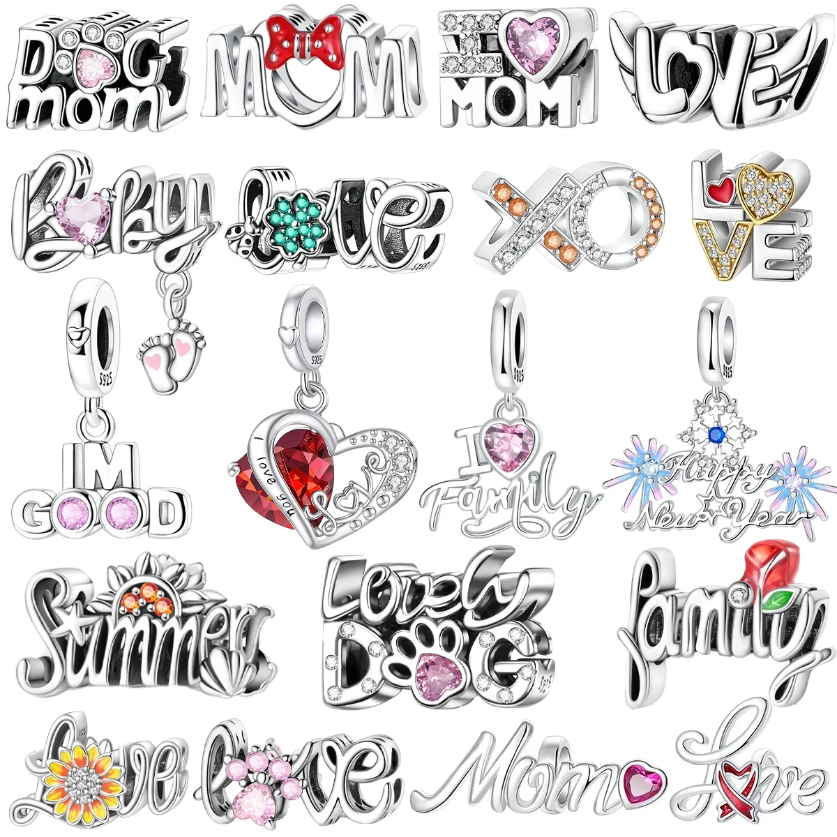 Original 925 Sterling Silver Letters Charms Love Heart Lucky Mother Beads Pendants Fit Bracelet Necklace DIY Jewelry Gift