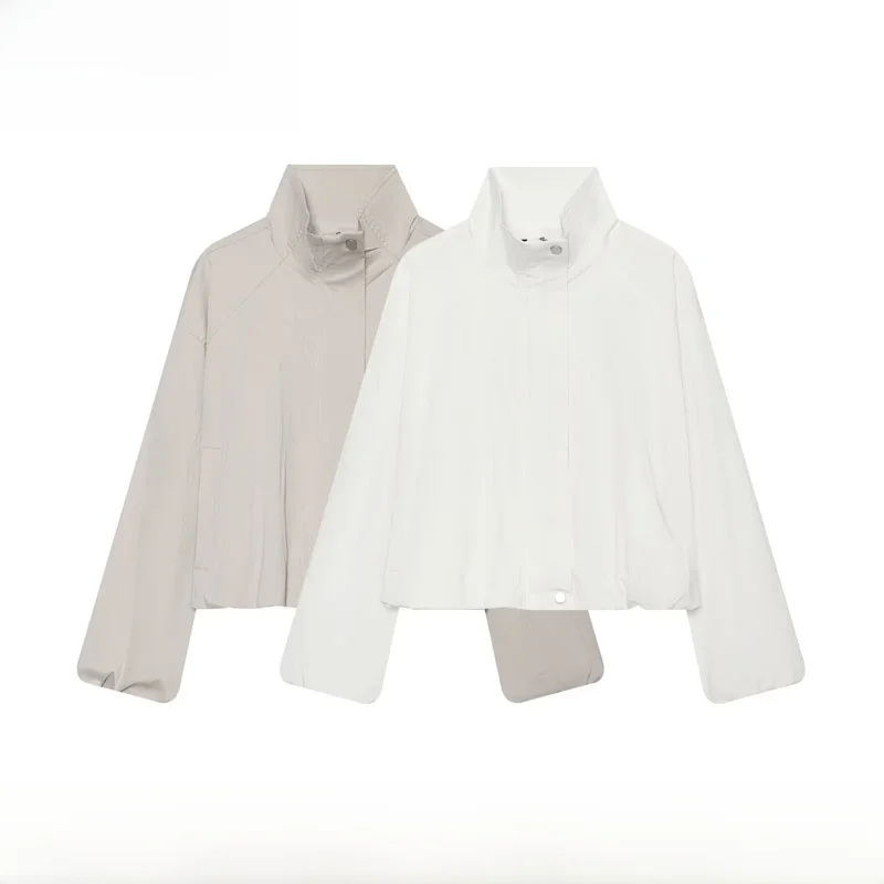 Spring Summer New Arrival Women's Fashion Short Zipper Stand Collar Button up Outerwear Loose Fit Polyester Fiber Coat
