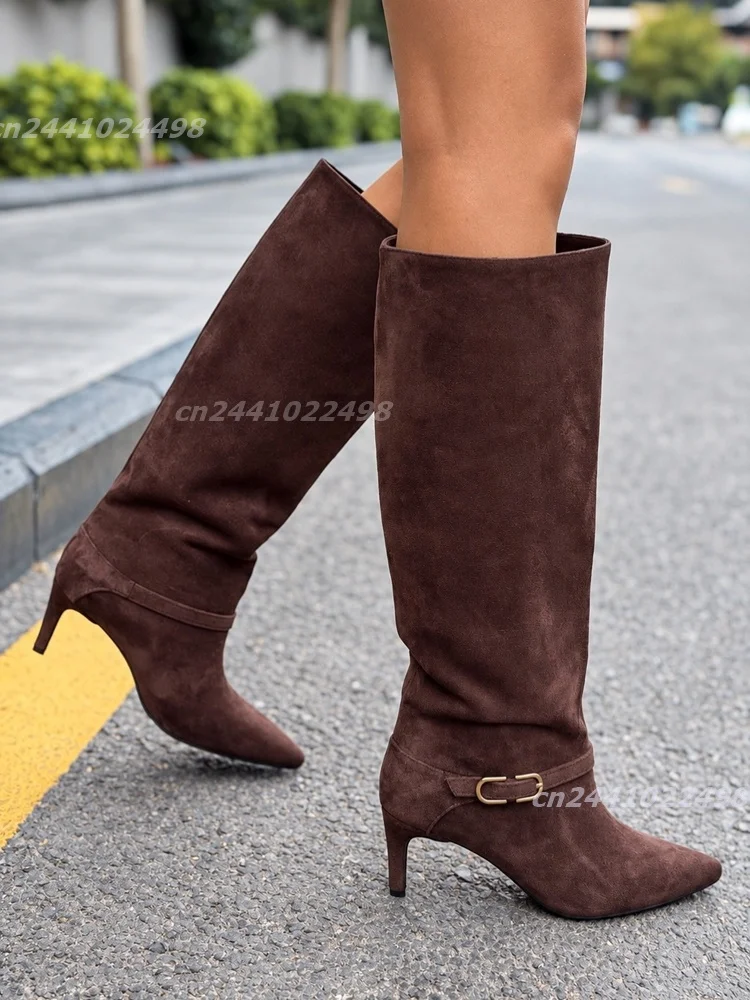 Metal Buckle Slouchy Knee High Boots Women, Brown Suede Leather Pointed Toe Stiletto Tall Boots Fashion Autumn Winter Footwear