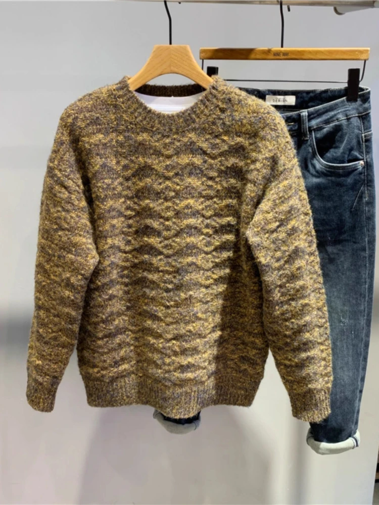 

Winter Autumn Men Sweater Thickened Colorful Flecked Yarn Knit Coat Casual Loose Fit Round Neck Pullover Chevron Warm Top