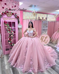 Princess Pink 3D Flowers Corset Quinceanera Dress Ball Gown Luxury Off The Shoulder Sweet 15 Dress vestidos de 16 quinceañer