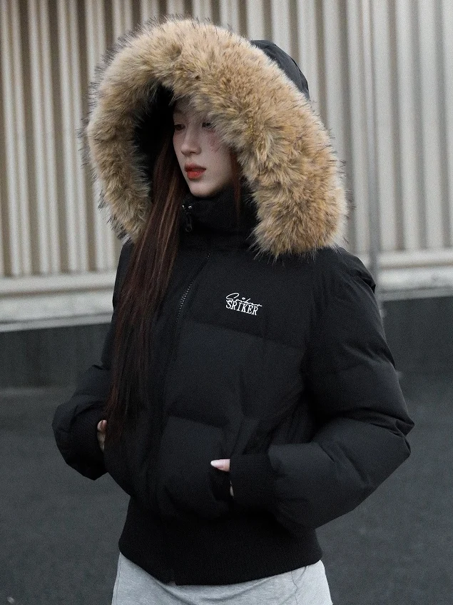 Winter Short Hatted Padded Jacket Thickened Faux Fur Collar Waist-cinching Slimming Inner Fleece High-End Feel Cotton down Coat