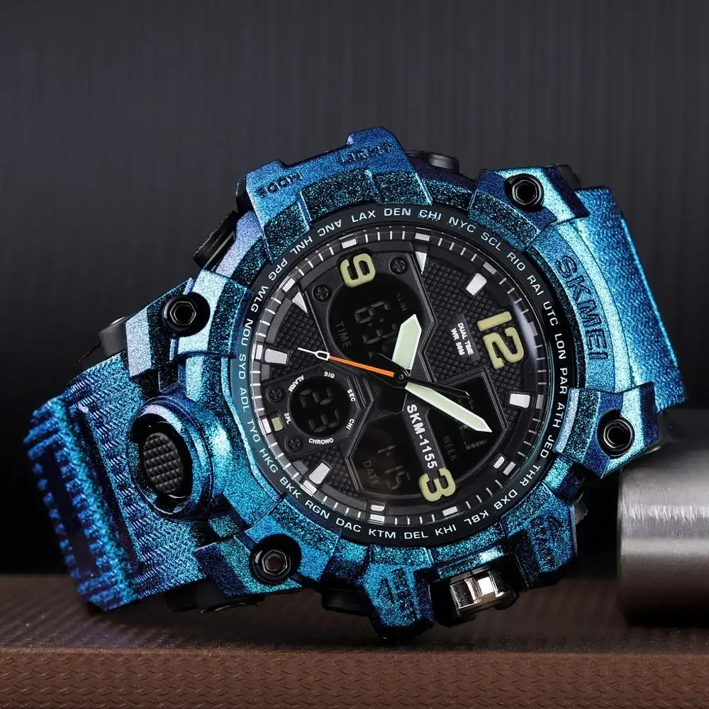 SKMEI 1155B reloj deportivo para hombre, con doble pantalla cronógrafo de pulsera, resistente al agua, estilo militar, Digital, 5bar