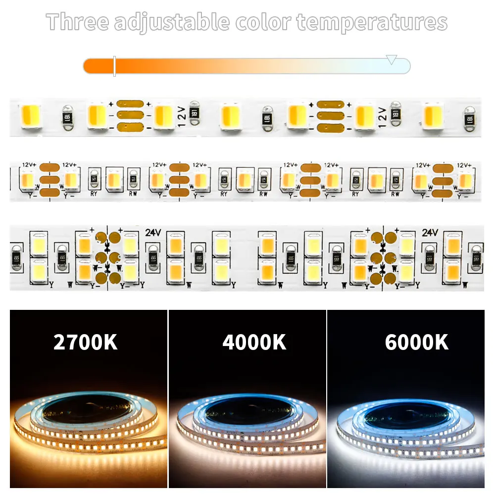 Imagem -03 - Dual Color Led Strip Light 2835 120 180 240 336 Leds m mm mm 10 mm 12 mm Wide Pcb Cri Regulável Cct Bar Lâmpada dc 12 24v