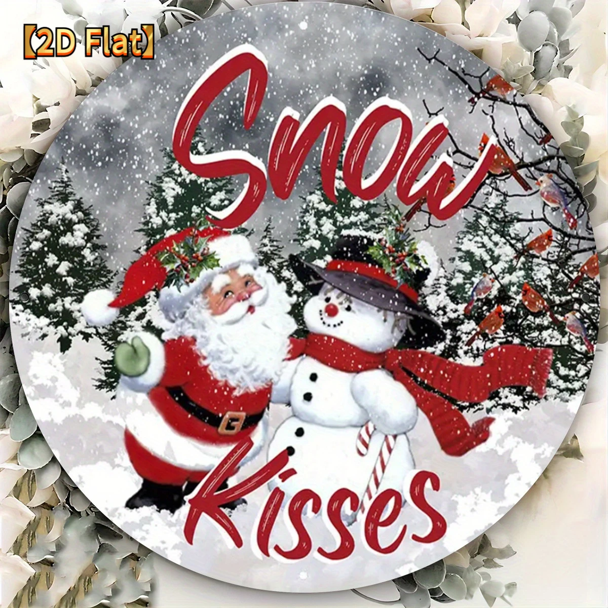 2D Flat, 1pc Rustic Round Wooden Sign with 2D Printed Santa Claus and Snowman 