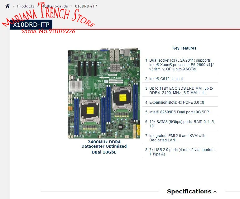 X10DRD-iTP for Supermicro Motherboard LGA2011 E5-2600 v4/v3 Family Processor DDR4 Dual Port 10G SFP+