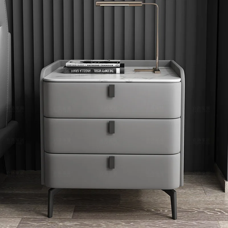 Modern Style 3 Drawers Solid Wood Bedside Table, Faux Leather Bedroom Nightstand with Sintered Stone Top, Side Storage Cabinet