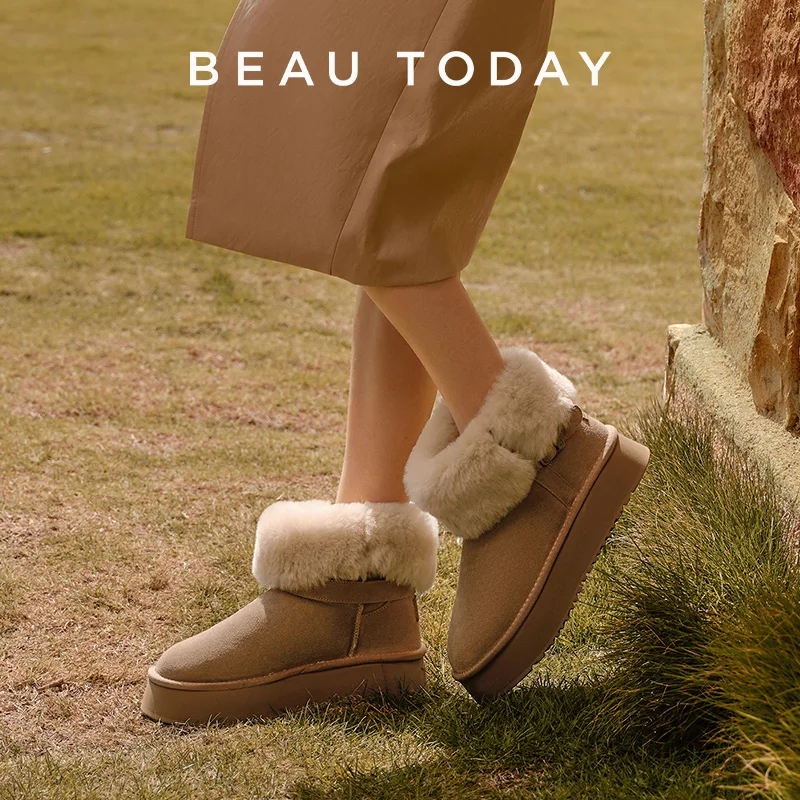 BEAUTODAY Snow Boots Women Cow Suede Leather Ankle Boots Turn-over Edge Ladies Platform Winter Fur Shoes Handmade A08071