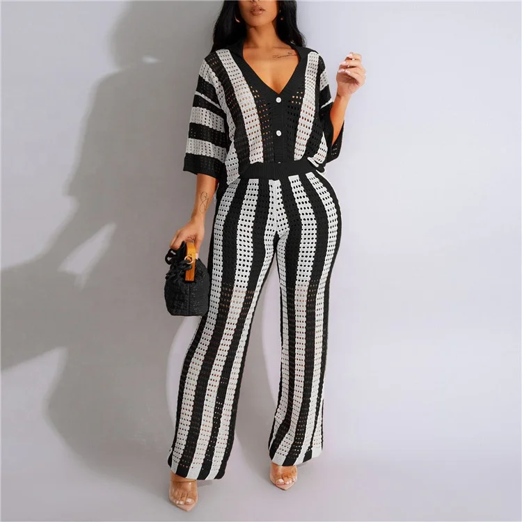 Fashion Knitted Stripes Print Wide Leg Pants Two Piece Sets Women V Neck Button Short Sleeve Top And Pants Outfits
