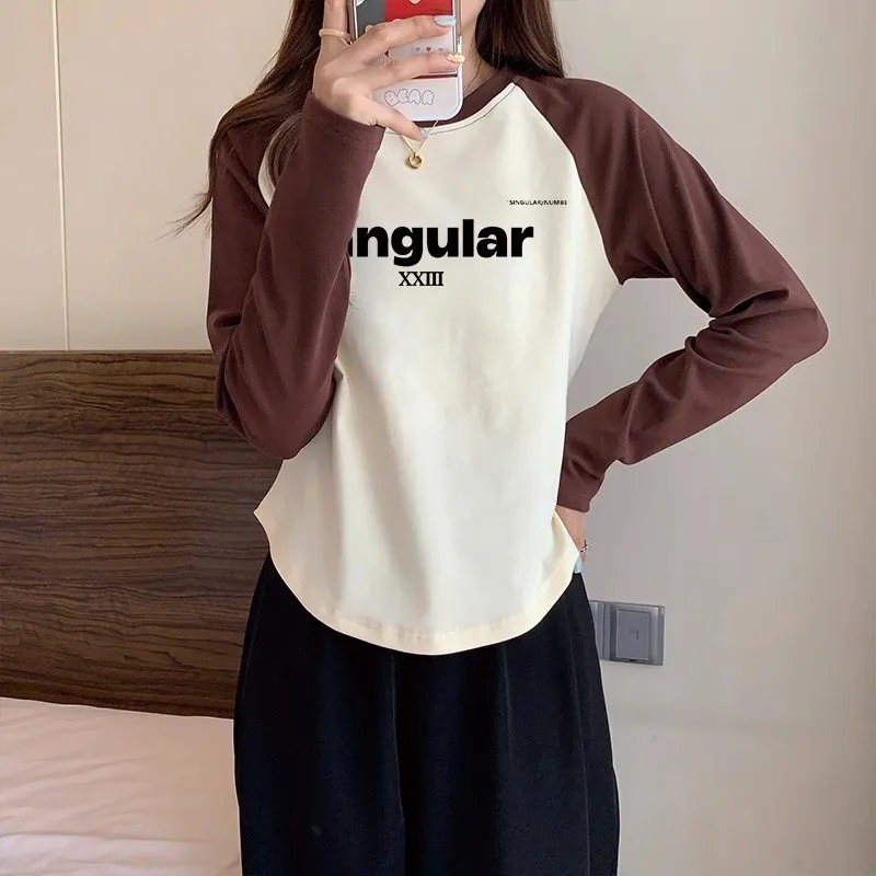 Autumn and Winter Simple Letter English Print Loose Splicing Contrasting Color Retro One-shoulder Long-sleeved T-shirt Women Top