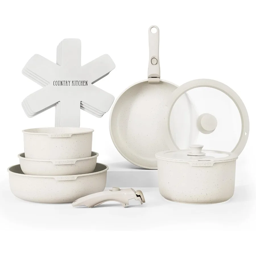 

Creamcolored Cookware Set with Removable Handles for Oven and RV Use Durable NonStick Pots and Pans Ideal for Home Kitchen Camp